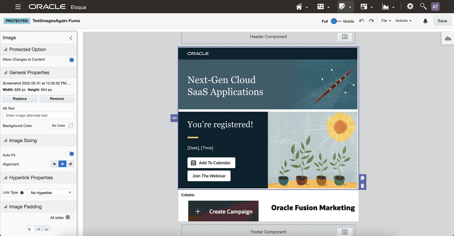 Existing Eloqua email canvas — limited constraint controls