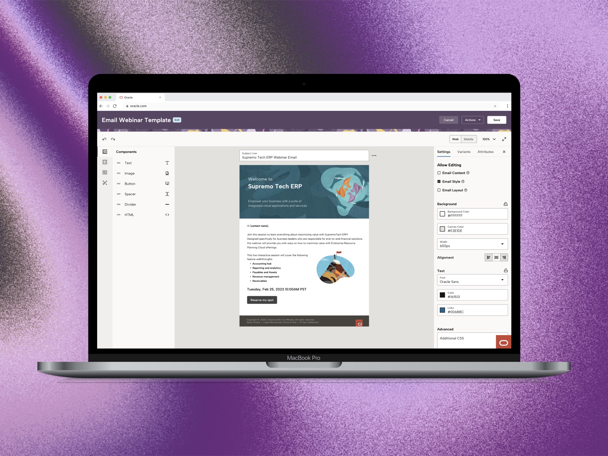 Governance Solution — email template editor preview