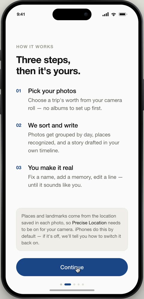 Keepsake onboarding — &lsquo;Three steps, then it&rsquo;s yours&rsquo;