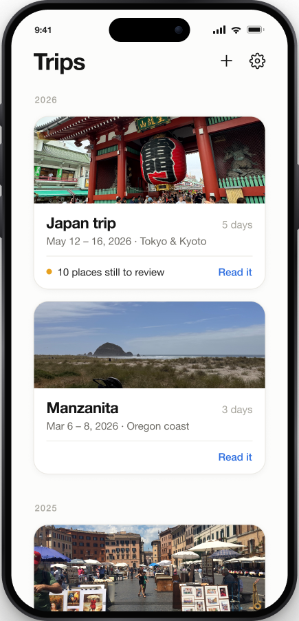 Keepsake Trips library — the home screen of saved trip cards (Japan, Manzanita, Italy)