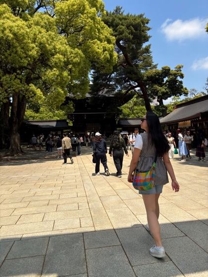 The traveler walking through the courtyard