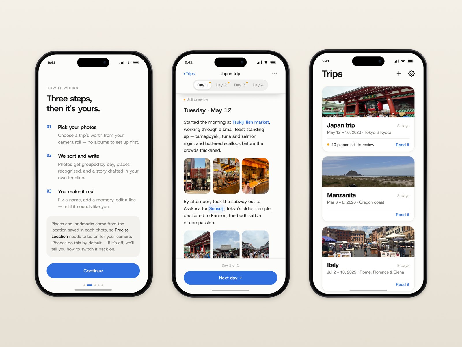 Keepsake — an AI travel-memory app, three app screens preview