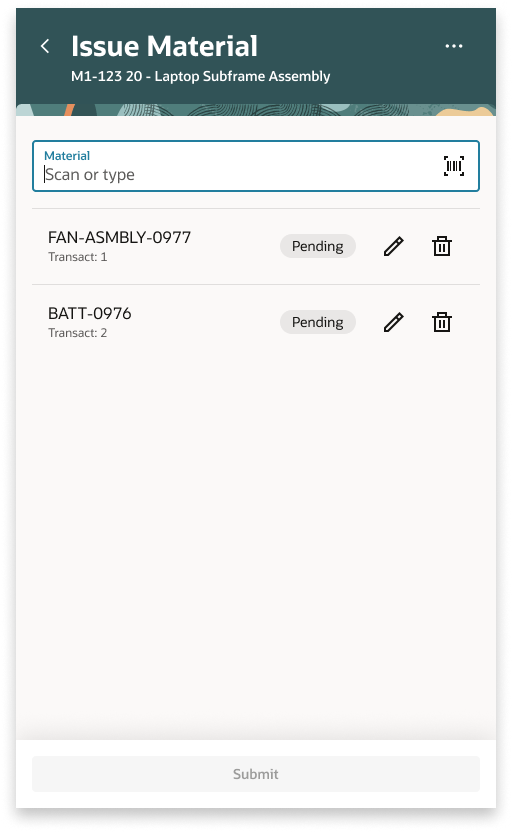 State 1 — Material field in focus, Submit disabled
