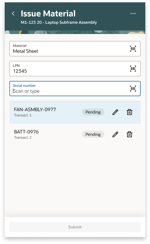 State 2 — Material scanned, required fields revealed