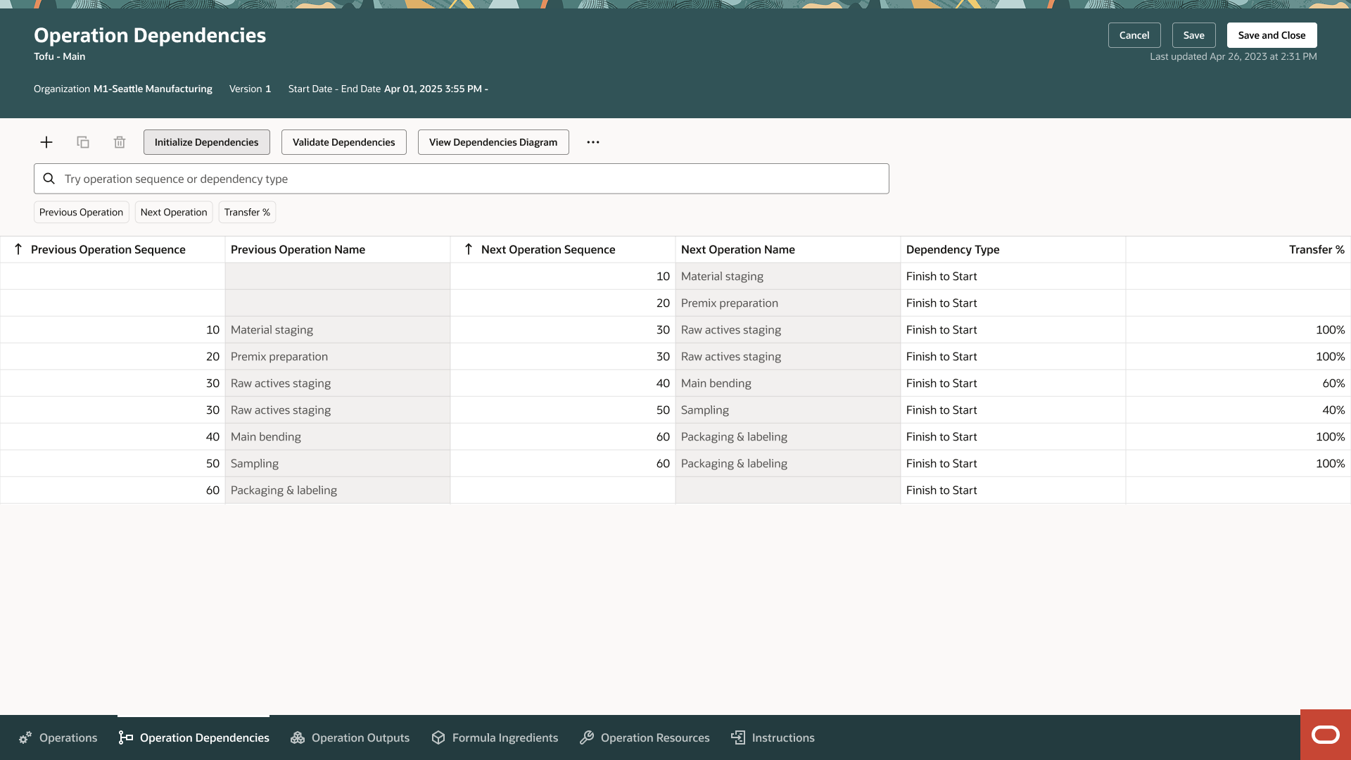 Operation Dependencies datagrid in Work Definition