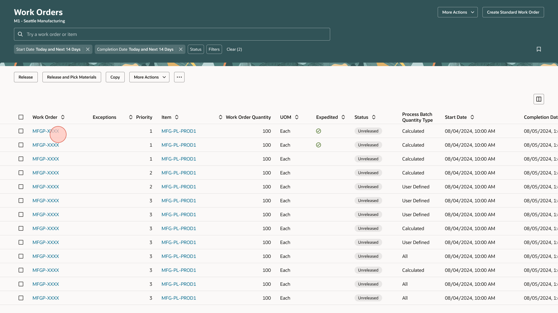 Work Orders Management showing parallel operations