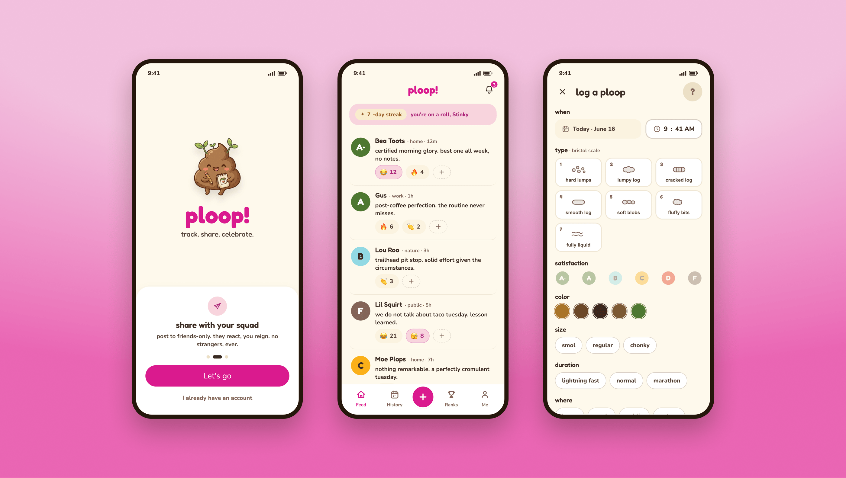 ploop! — onboarding, social feed, and log-a-ploop screens