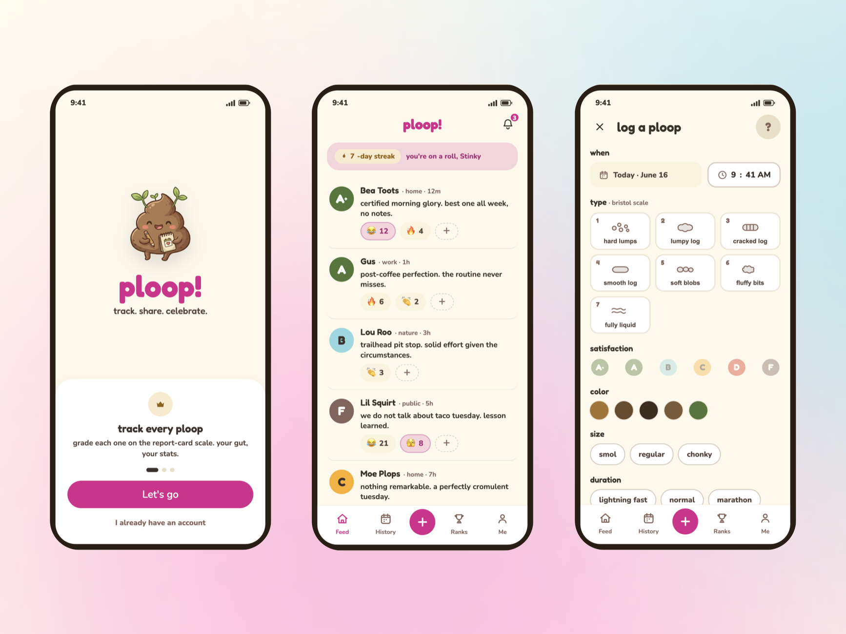 ploop! — onboarding, feed, and log screens preview