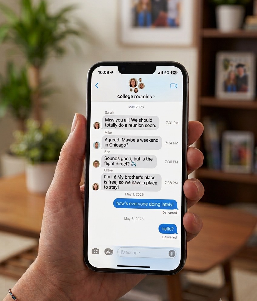 A hand holding a phone showing a 'college roomies' group chat that has gone quiet — old reunion plans, then unanswered 'how's everyone doing lately!' and 'hello?' messages left on Delivered