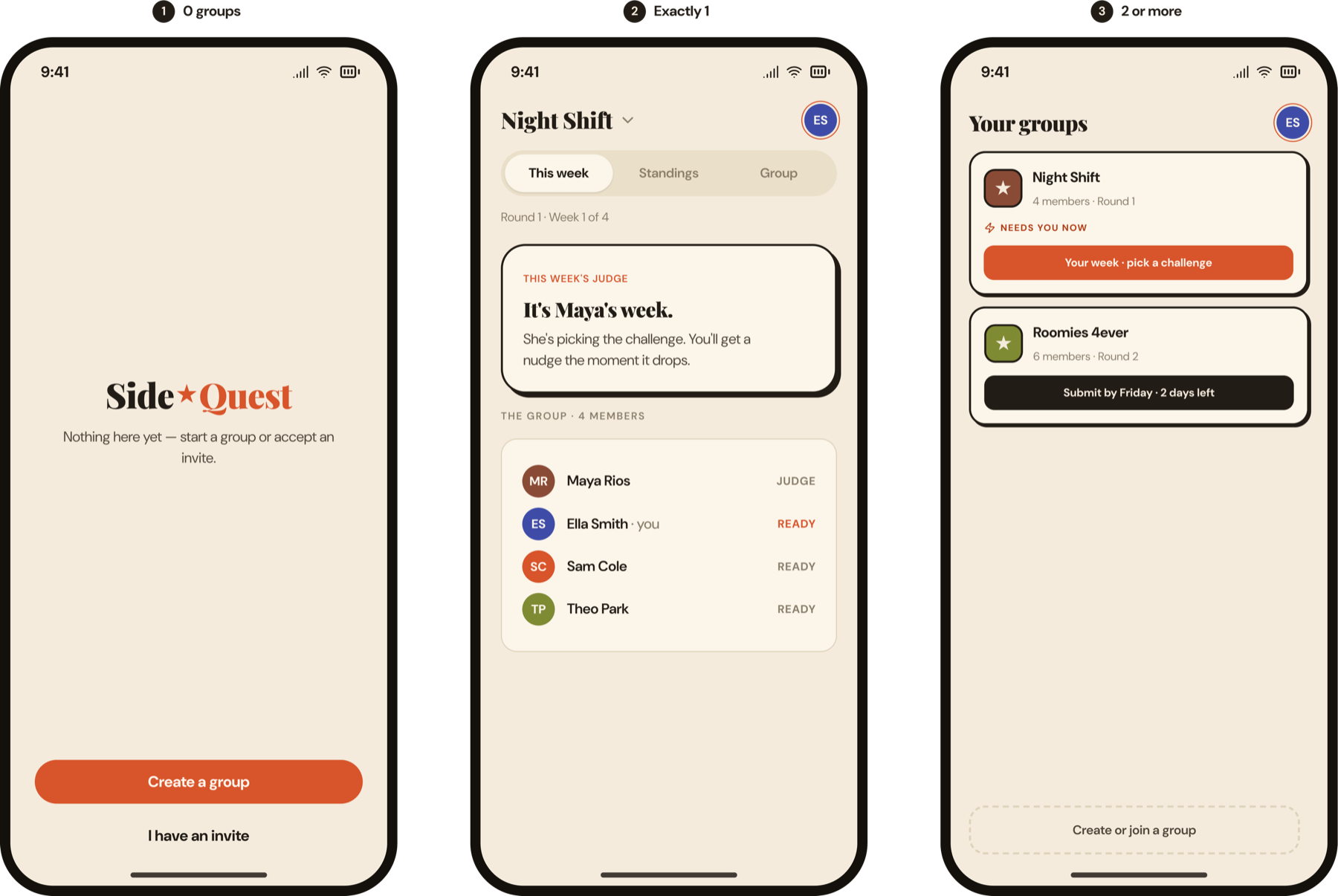 Adaptive landing — the open screen for zero groups (create/join), exactly one group (straight in), and two or more (groups dashboard)