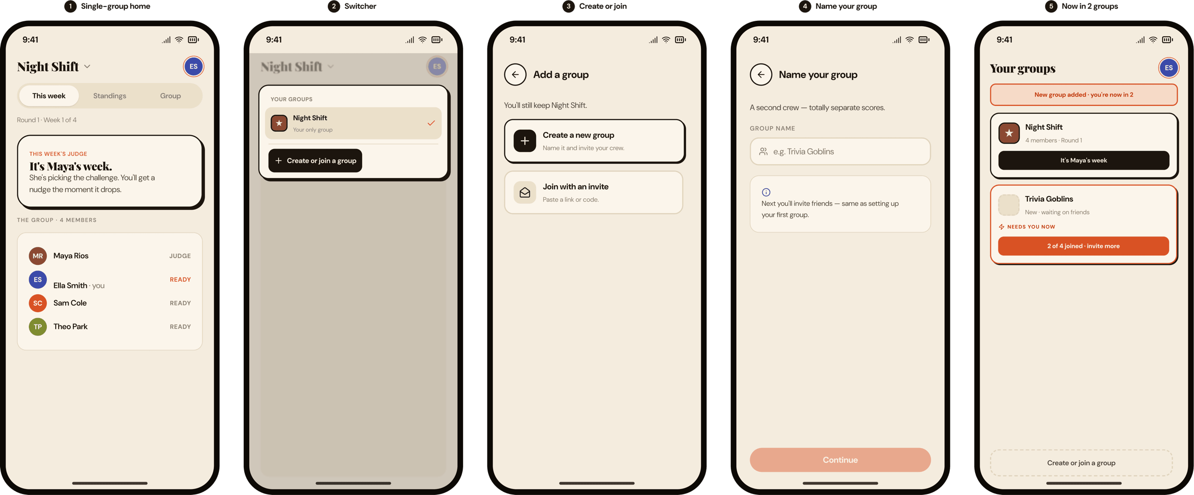 Adding a new group — single-group home, the switcher, create or join, name your group, and now in two groups