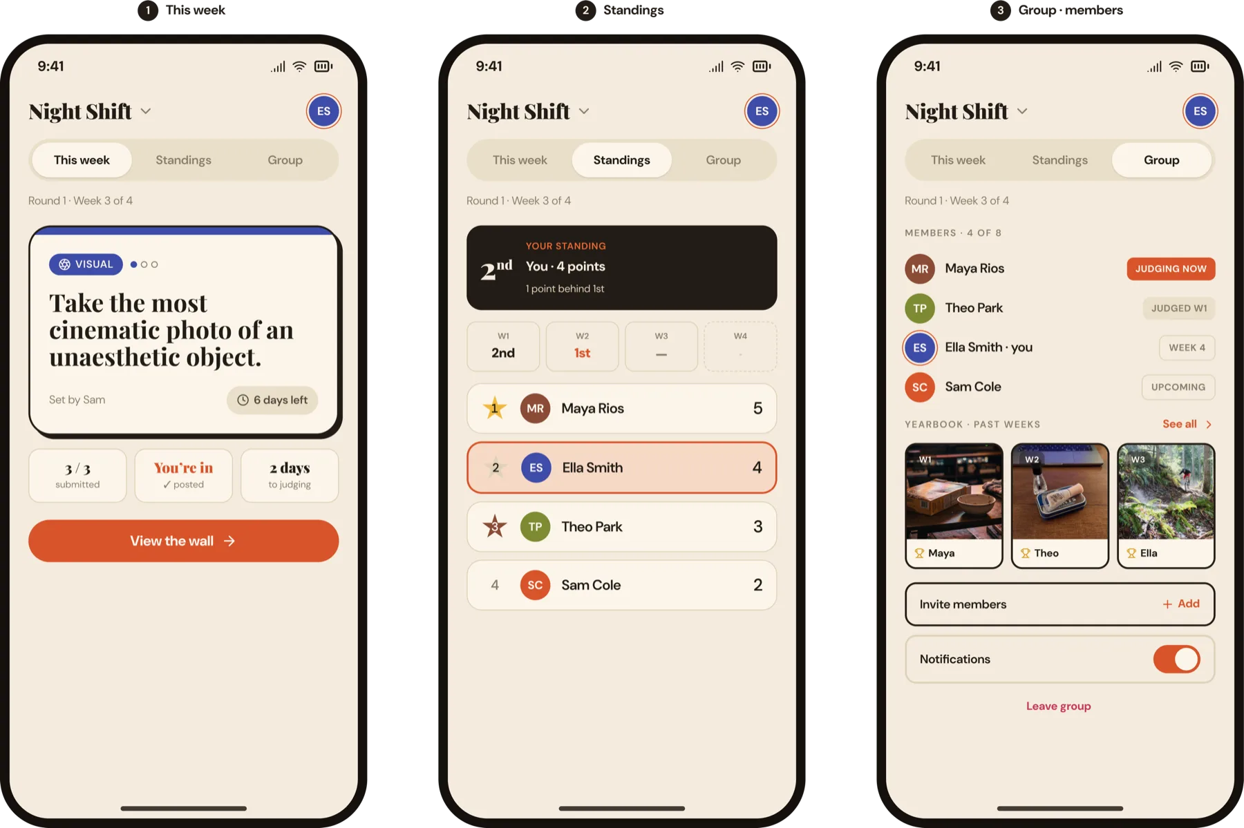 The three in-group tabs — This Week with the active challenge, Standings leaderboard, and Group with members and Yearbook